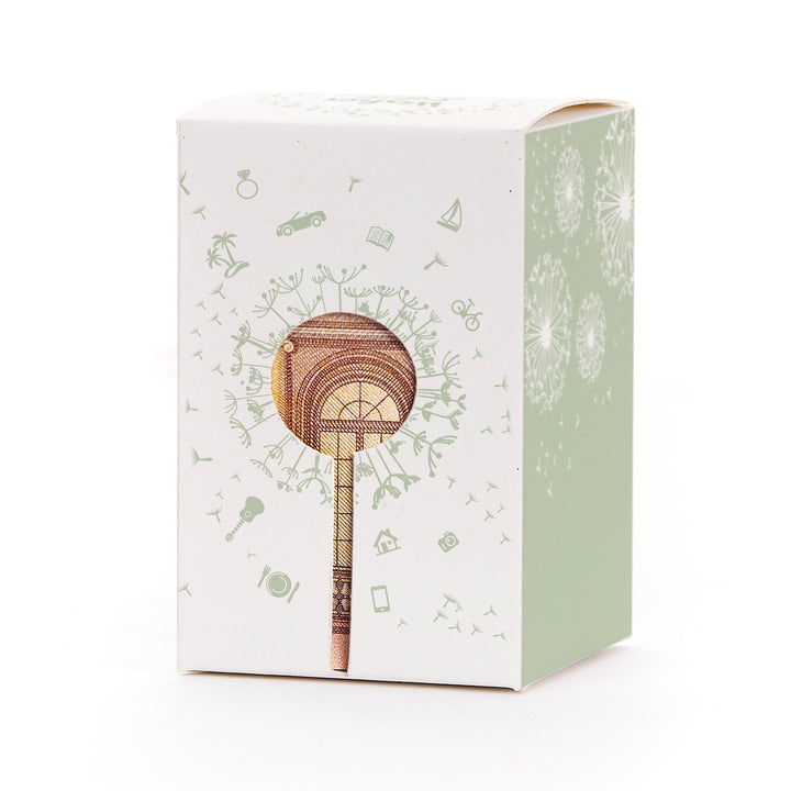 Coffret cadeau avec motif pissenlit et billet de banque en forme de sucette en guise de décoration.