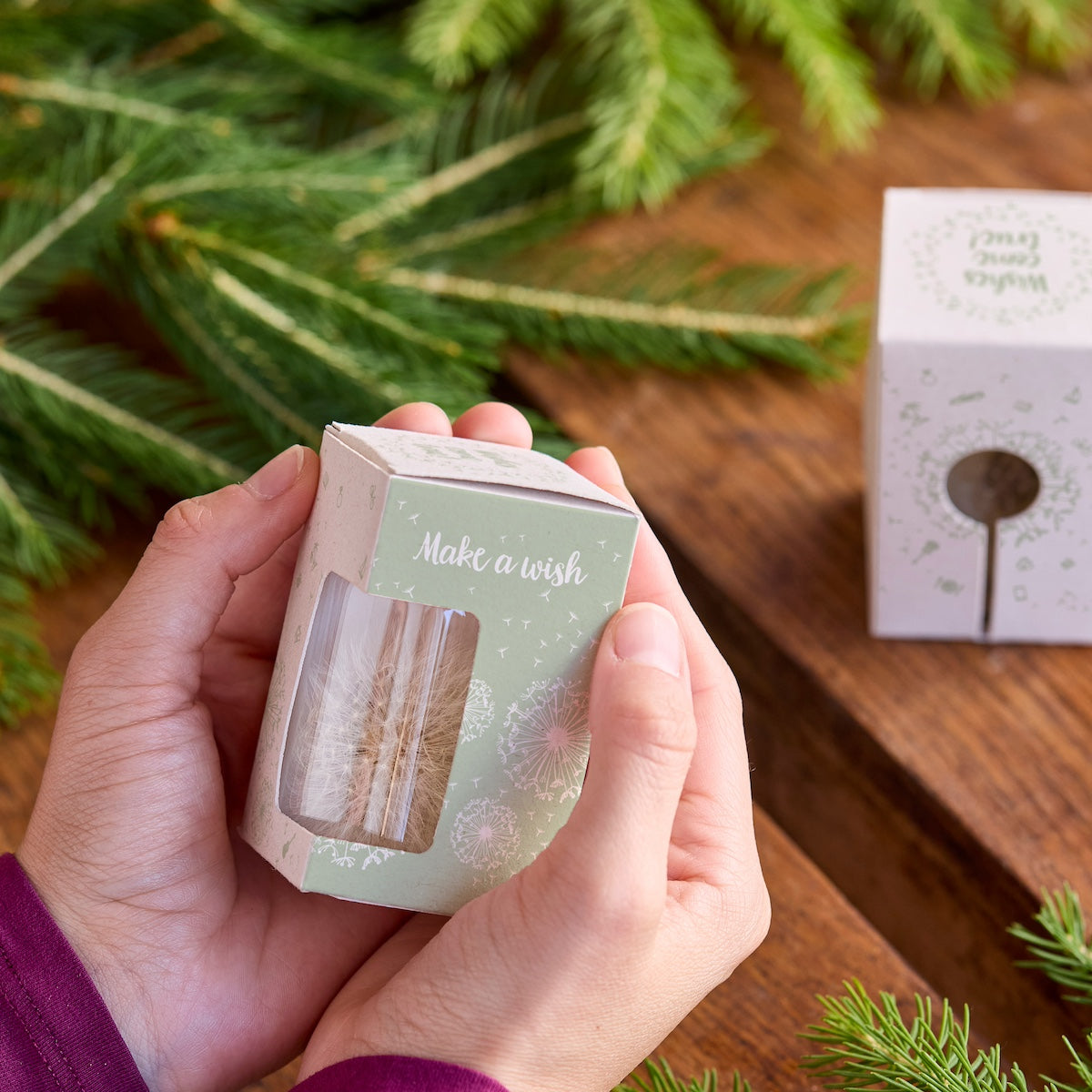 Mains tenant une petite boîte cadeau avec l'inscription « Faites un vœu » à côté de branches de sapin sur une table en bois.