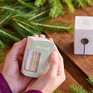 Mains tenant une petite boîte cadeau avec l'inscription « Faites un vœu » à côté de branches de sapin sur une table en bois.