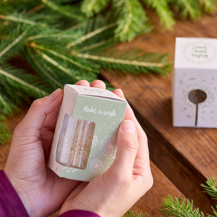 Mains tenant une petite boîte cadeau avec l'inscription « Faites un vœu » à côté de branches de sapin sur une table en bois.