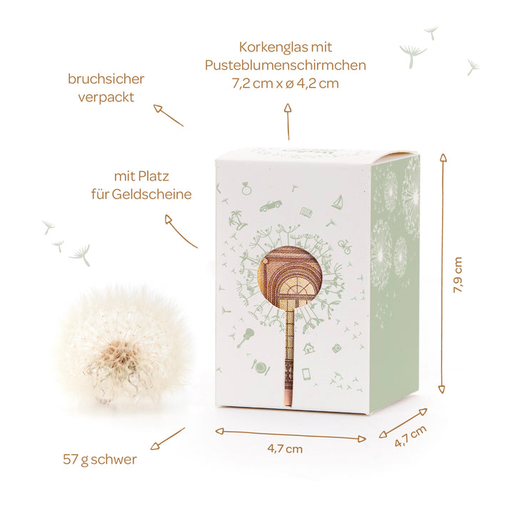 Coffret cadeau avec motif pissenlit, à côté d'un vrai pissenlit, les dimensions, le poids et les caractéristiques spéciales telles que l'emballage incassable et l'espace pour les billets de banque sont mis en évidence graphiquement.