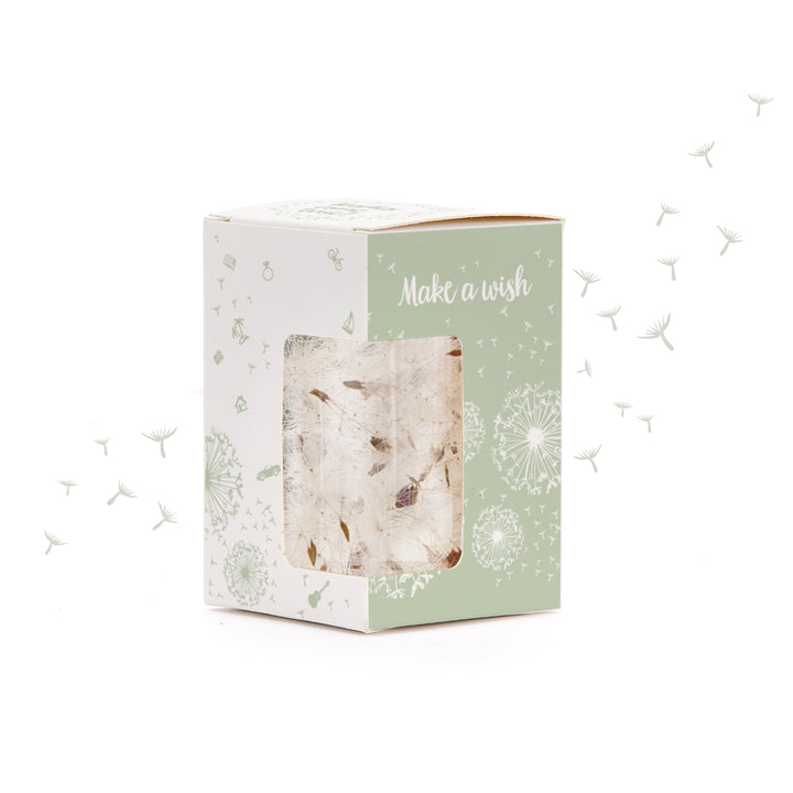 Coffret cadeau avec motif pissenlit et inscription "Make a wish" sur fond vert clair.