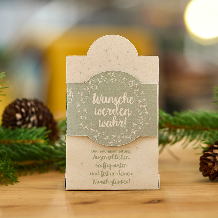 Petit coffret cadeau avec l'inscription "Les vœux se réalisent !", décoré d'un motif de pissenlit, avec des branches de sapin et des pommes de pin en arrière-plan.