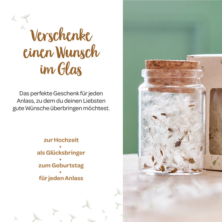 Un pot de graines de pissenlit en cadeau, avec le texte à côté : « Offrez un vœu dans un pot – le cadeau parfait pour un mariage, comme porte-bonheur, pour un anniversaire ou pour toute autre occasion. »
