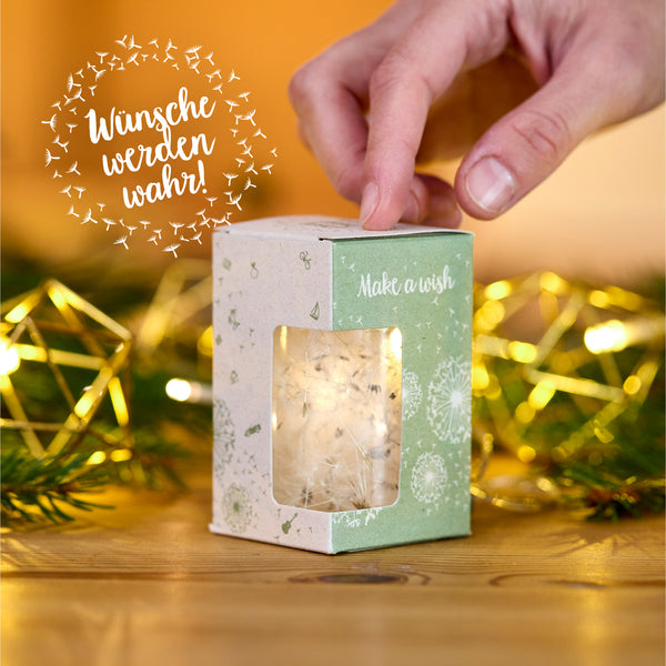 Main tenant une boîte cadeau avec des parapluies de pissenlits et l'inscription "Faites un vœu", en arrière-plan des lumières et des branches de sapin, à côté de l'inscription "Les vœux se réalisent !".