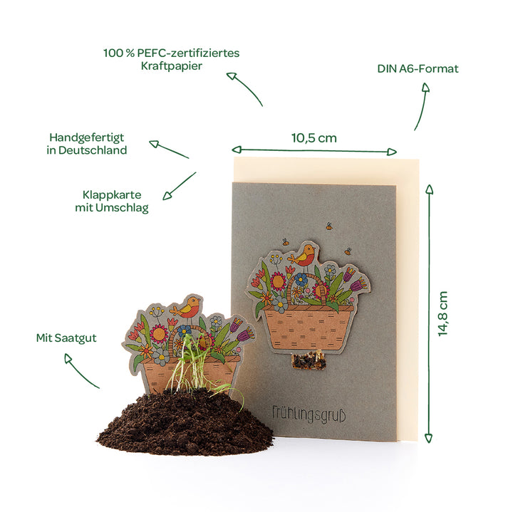 Carte pliante avec enveloppe au format DIN A6, en papier kraft 100% certifié PEFC, fabriquée à la main en Allemagne, avec des graines de fleurs et un motif printanier.