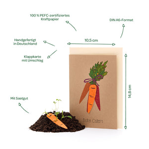 Carte pliante en papier kraft brun avec un dessin de carotte et l'inscription « Joyeuses Pâques », à côté de la terre avec des graines de carotte, les dimensions et les propriétés étiquetées.