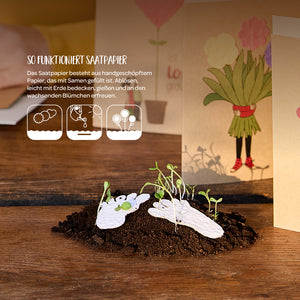 Papier ensemencé fait main avec des plantes en germination sur terre, avec des cartes illustrées en couleurs en arrière-plan.