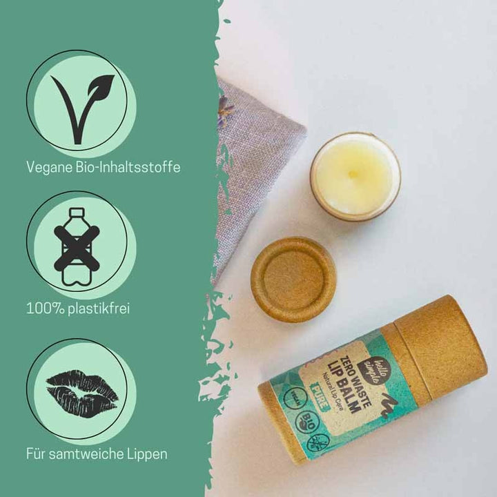 Baume à lèvres naturel dans un emballage sans plastique avec des ingrédients biologiques végétaliens, à côté de symboles de propriétés respectueuses de l'environnement et de lèvres douces.