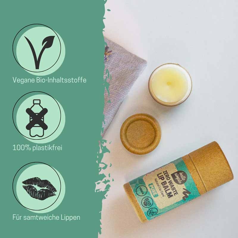 Baume à lèvres naturel dans un emballage sans plastique avec des ingrédients biologiques végétaliens, à côté de symboles de propriétés respectueuses de l'environnement et de lèvres douces.
