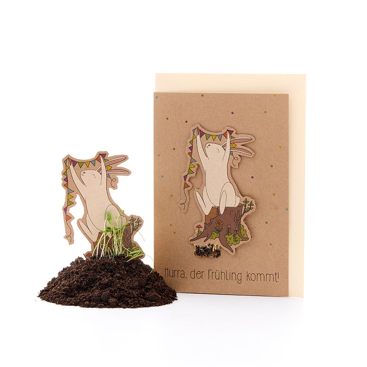 Une carte de vœux printanière avec un motif de lapin et l'inscription « Hourra, le printemps arrive ! », à côté un lapin découpé avec des semis dans la terre.