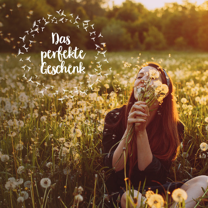 Femme heureuse assise dans un champ de pissenlits et sentant les fleurs avec le texte « Le cadeau parfait » au-dessus.