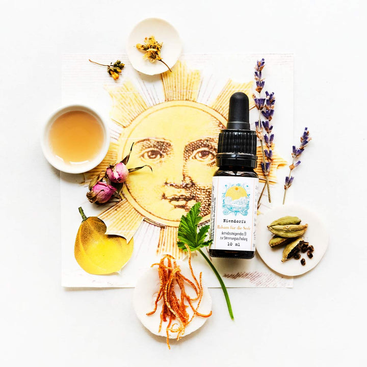 Composition Flatlay avec des flacons de cosmétiques naturels, des plantes séchées, une tasse de thé et des fruits tranchés sur un fond clair.