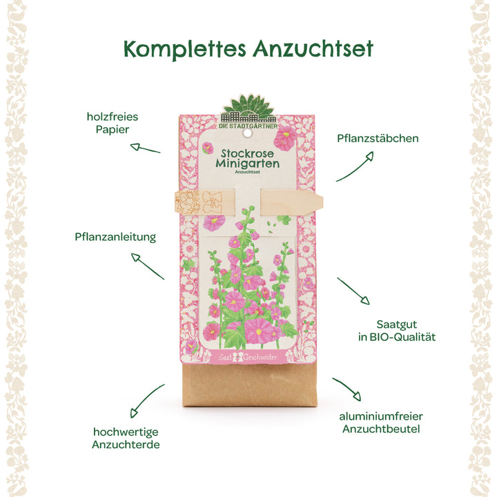 Kit de culture complet pour roses trémières avec instructions de plantation, papier sans bois, tuteurs de plantes, graines biologiques, terreau de haute qualité et un sac de culture sans aluminium.