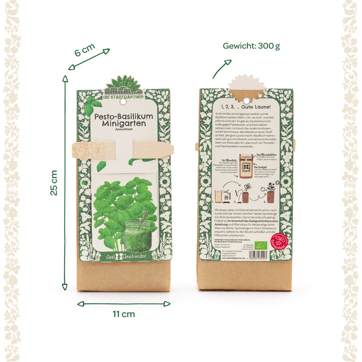 Deux packs d'un kit de culture « Pesto Basil Mini Garden » avec des détails sur les dimensions (25 cm x 11 cm x 6 cm) et le poids (300 g), recto et verso représentés, conçus en vert et beige.