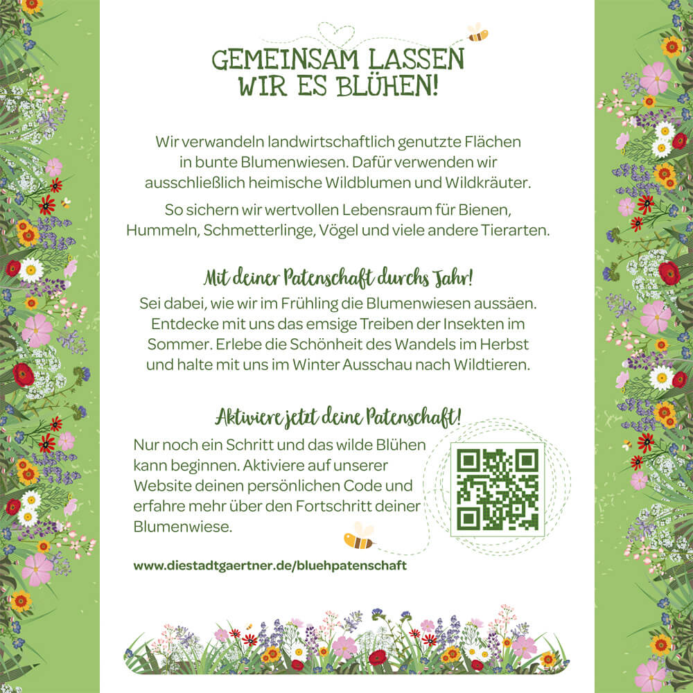 Infographie en allemand avec texte sur la création de prairies fleuries pour protéger les insectes et la faune, entourée d'illustrations de fleurs colorées et d'un code QR.