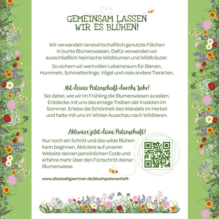 Infographie en allemand avec texte sur la création de prairies fleuries pour protéger les insectes et la faune, entourée d'illustrations de fleurs colorées et d'un code QR.