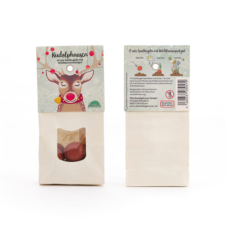 Deux sachets de graines de fleurs sauvages, l'un avec un dessin de renne et l'inscription « Rudolph Noses », l'autre montre le dos avec description et instructions.
