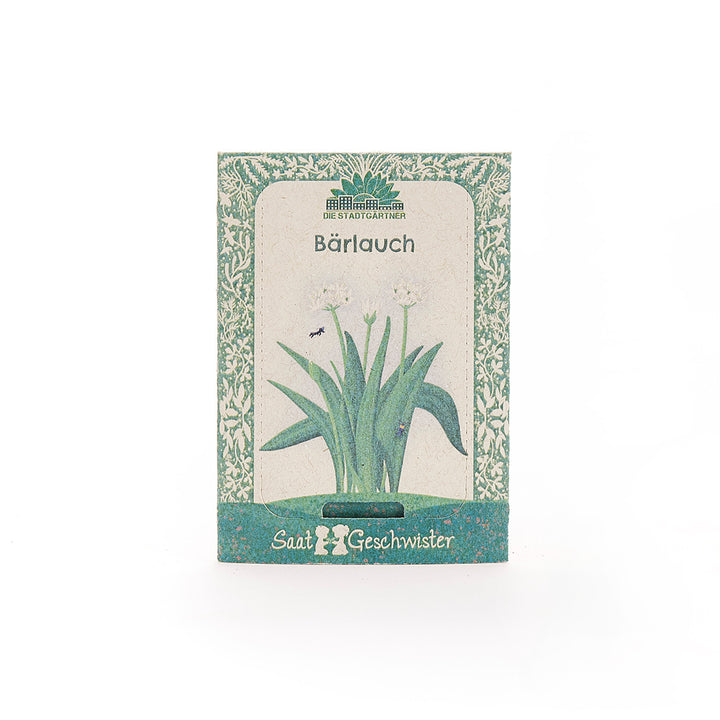 Sachet de graines d'ail des ours avec décor vert et illustration de la plante sur le devant.
