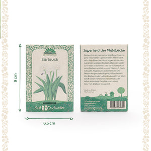 Deux sachets de graines d'ail des ours de la marque "Die Stadtgärtner" avec une bordure à motifs verts ; devant gauche avec illustration d'ail des ours et dimensions 9 cm x 6,5 cm, derrière droit avec texte descriptif.