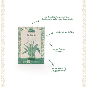 Sachet de graines d'ail des ours avec emballage durable, graines refermables à pollinisation libre et instructions de plantation.