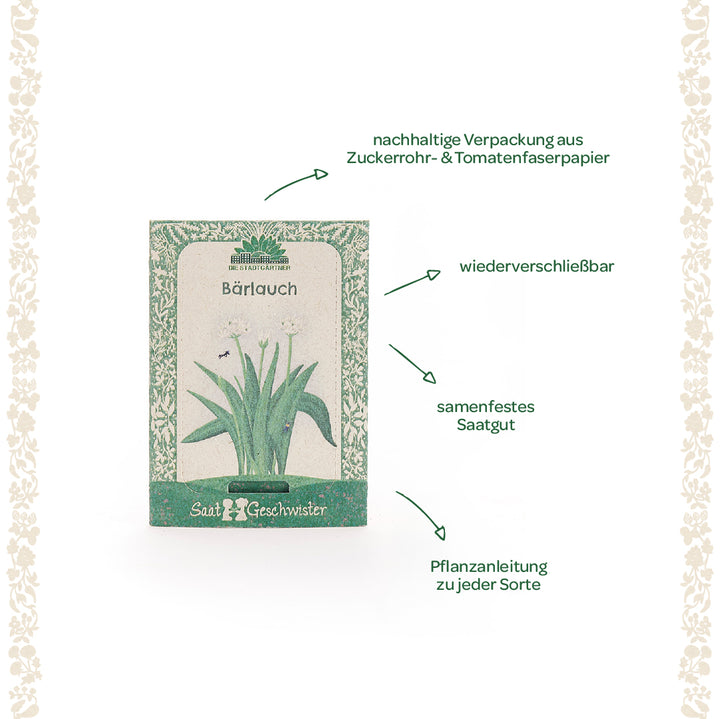 Sachet de graines d'ail des ours avec emballage durable, graines refermables à pollinisation libre et instructions de plantation.