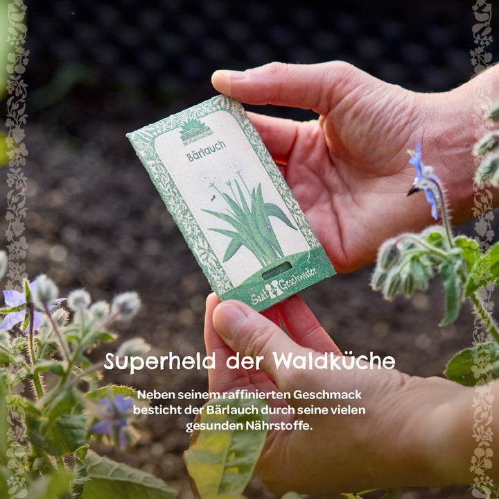 Mains tenant un sachet de graines étiqueté « ail sauvage » dans le jardin, avec des plantes à fleurs à côté.