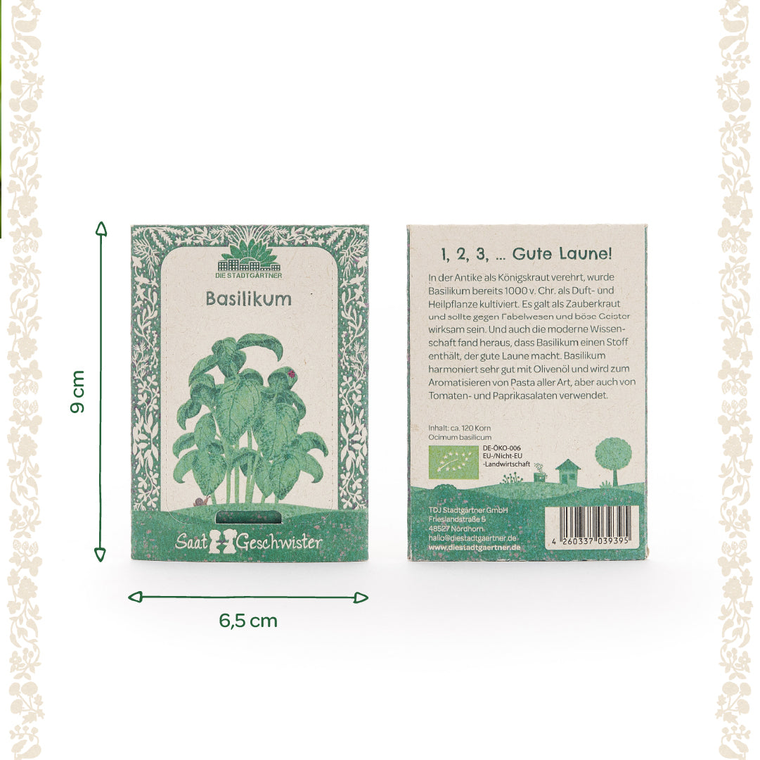 Deux sachets de graines vertes pour basilic de la marque "Die Stadtgärtner" avec des illustrations de plantes et des dimensions de 9 cm x 6,5 cm, avec un texte descriptif au recto et au verso.