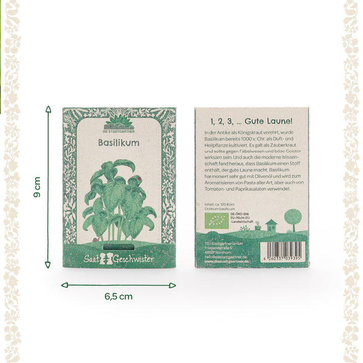 Deux sachets de graines vertes pour basilic de la marque "Die Stadtgärtner" avec des illustrations de plantes et des dimensions de 9 cm x 6,5 cm, avec un texte descriptif au recto et au verso.