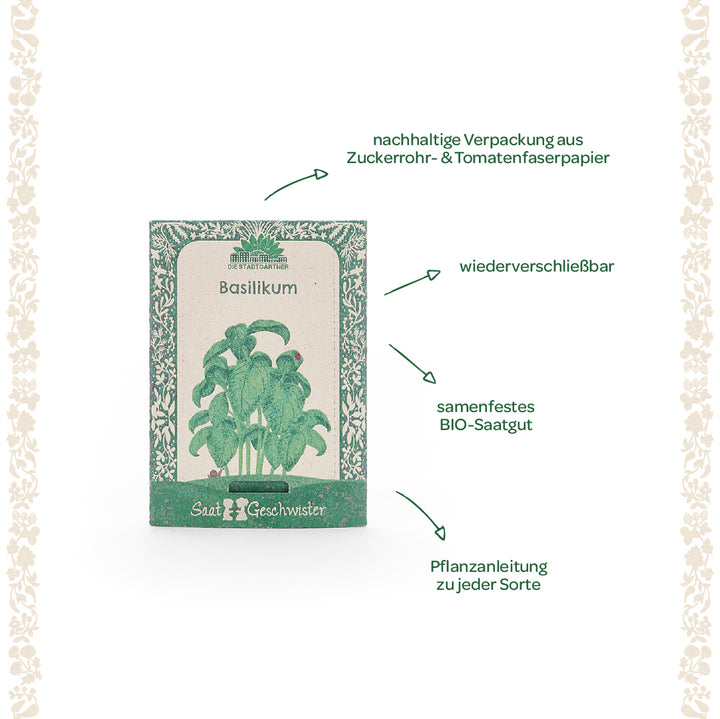 Emballage de graines de basilic avec emballage durable en papier de canne à sucre et de fibres de tomate, graines biologiques refermables et à pollinisation libre et instructions de plantation.