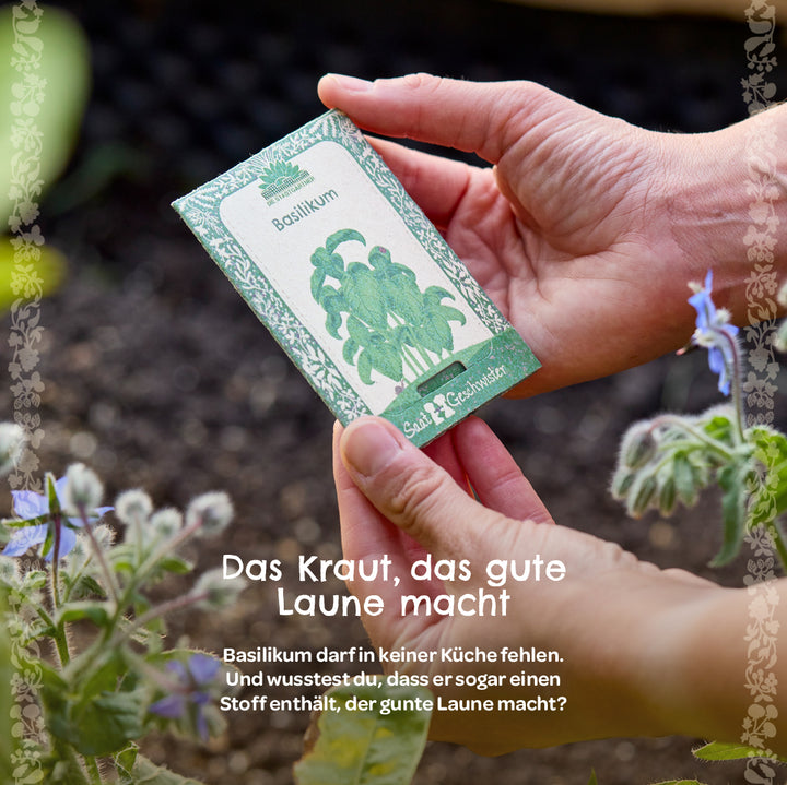 Une personne tient un sac de graines de basilic dans le jardin, avec des plantes et de la terre visibles en arrière-plan.