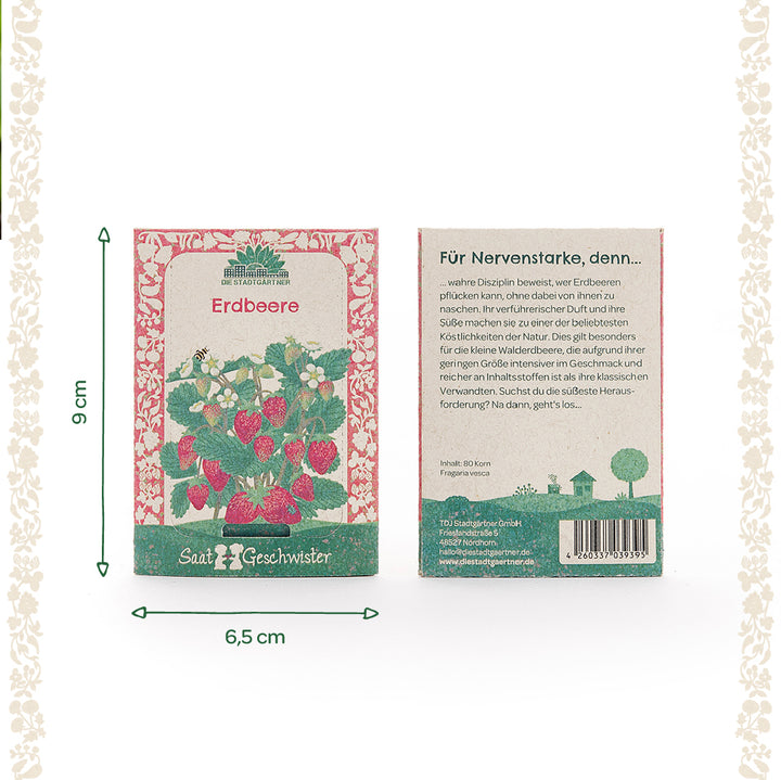 Deux sachets de graines de fraises de la marque « Saatgeschwister », ornés d'une illustration de fraise au recto et d'un texte descriptif au verso. Dimensions : 9 cm de haut et 6,5 cm de large.