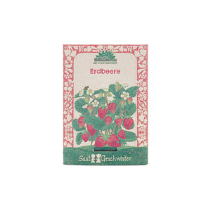 Sachet de graines de fraises avec une image d'un fraisier, de fleurs et de fruits sur l'étiquette.