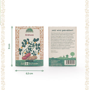 Deux sachets de graines d'arachide de la marque « Saatgeschwister » avec une illustration d'un plant d'arachide au recto et une description du produit au verso. Les dimensions sont indiquées : 9 cm de haut et 6,5 cm de large.