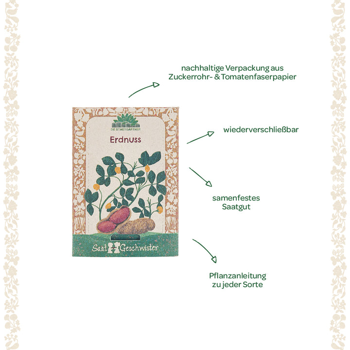 Paquet de graines d'arachide avec emballage durable fabriqué à partir de papier de canne à sucre et de fibres de tomate ; informations sur les emballages refermables, les graines à pollinisation libre et les instructions de plantation.