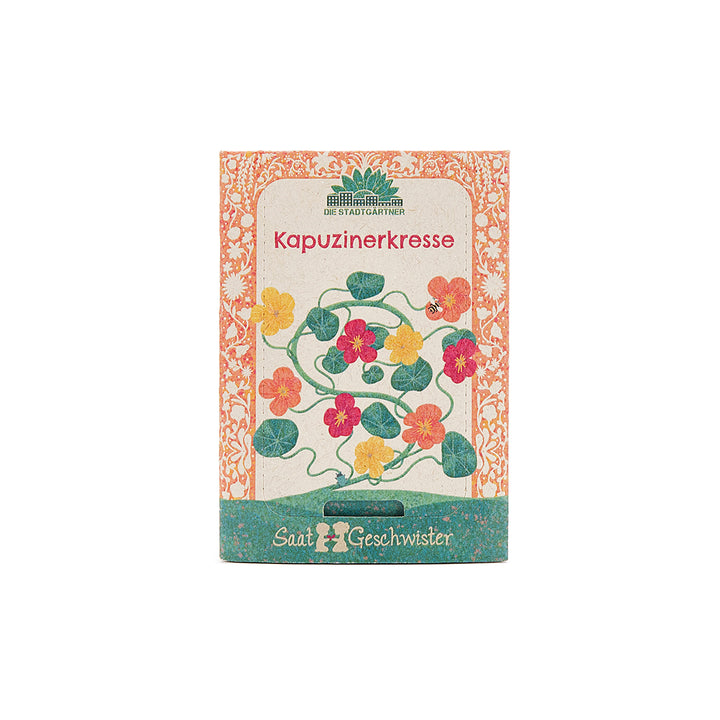 Sachet de graines de capucine avec illustration colorée de la plante et des fleurs sur le devant.