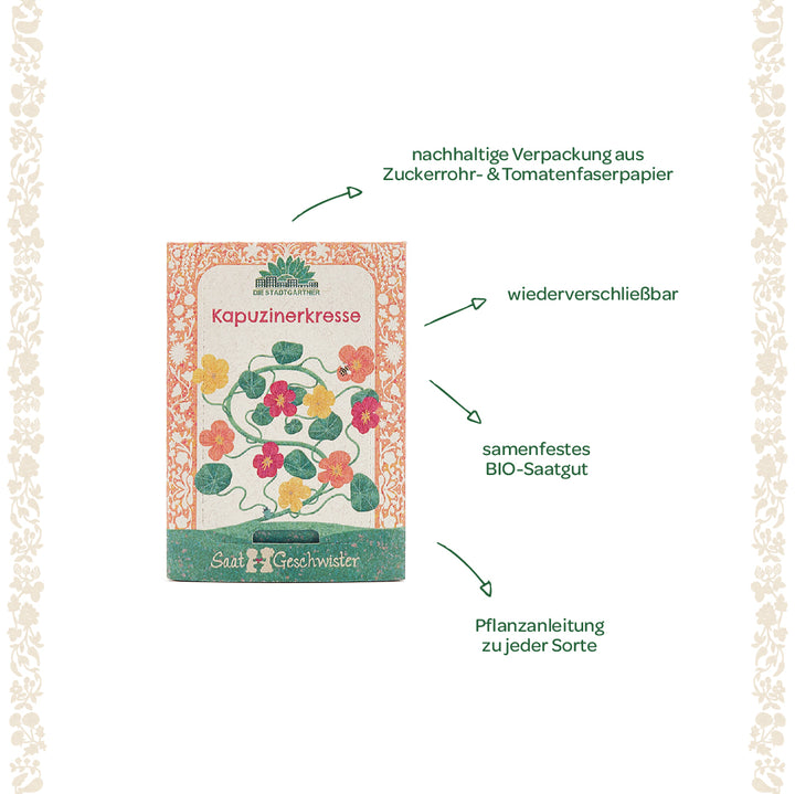Emballage de graines de capucines avec du papier de fibre de canne à sucre et de tomate durable, des graines biologiques refermables et à pollinisation libre et des instructions de plantation.