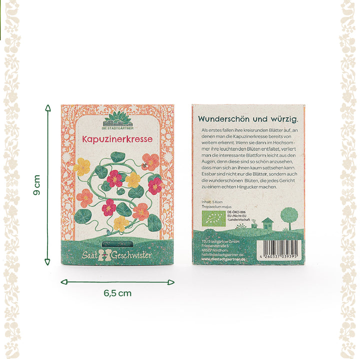 Deux paquets de graines de capucine avec des illustrations de fleurs colorées, une description et des dimensions de 9 x 6,5 cm sur fond clair.