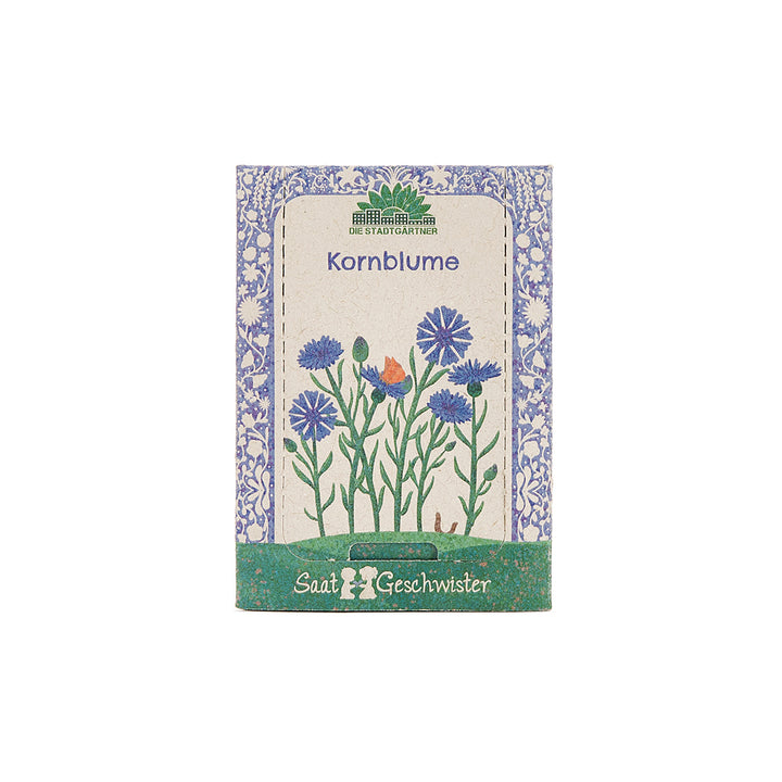 Sachet de graines de bleuet avec une illustration de fleurs bleues sur la couverture.