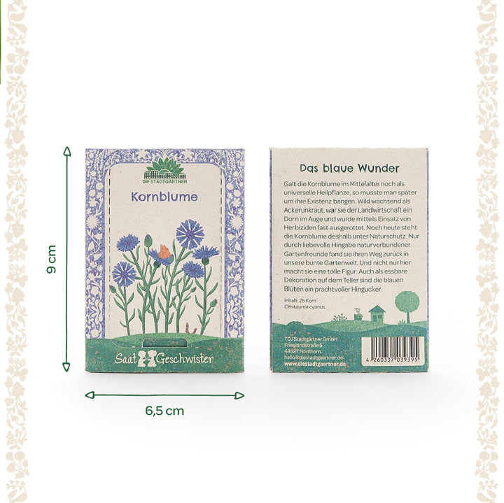 Deux sachets de graines de bleuet avec illustration florale et description du produit en allemand, ainsi que des dimensions de 9 cm de haut et 6,5 cm de large.