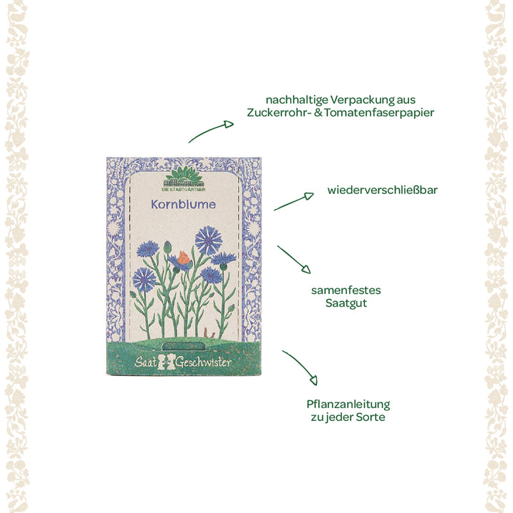 Sachet de graines de bleuet avec motif floral illustré, emballage durable en papier de canne à sucre et de fibre de tomate, graines refermables à pollinisation libre et instructions de plantation.