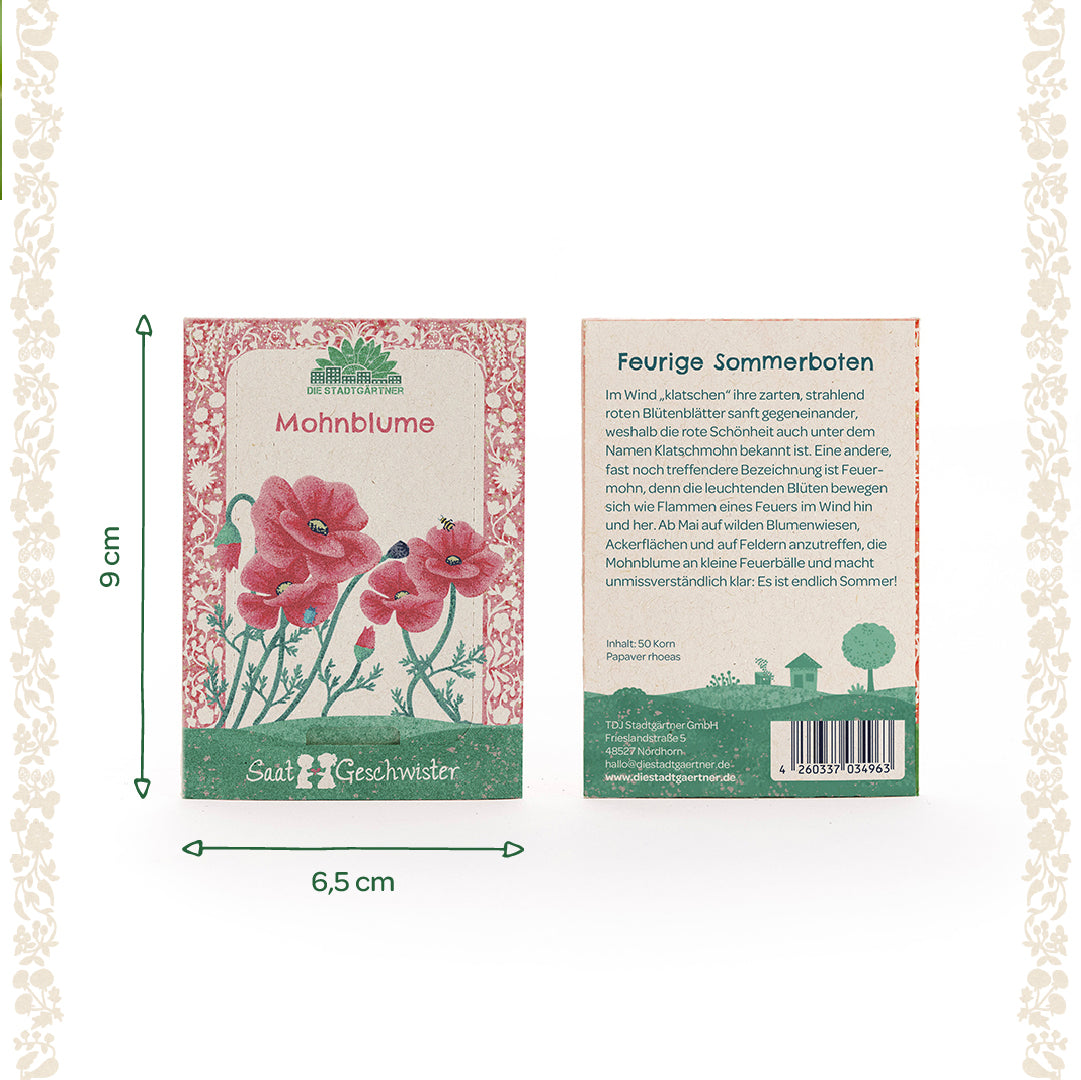 Deux sachets de graines de la marque "Die Stadtgärtner" pour coquelicots, recto avec illustration de coquelicots rouges, verso avec texte descriptif, dimensions totales 9 x 6,5 cm.