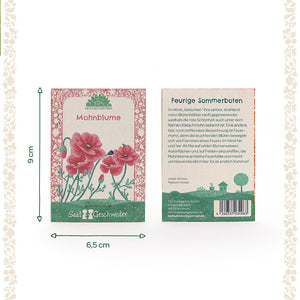 Deux sachets de graines de la marque "Die Stadtgärtner" pour coquelicots, recto avec illustration de coquelicots rouges, verso avec texte descriptif, dimensions totales 9 x 6,5 cm.