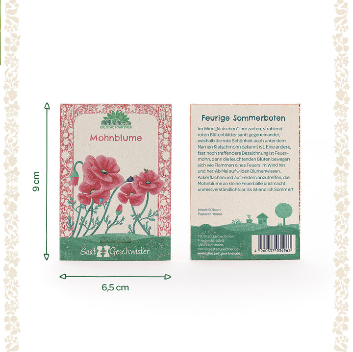 Deux sachets de graines de la marque "Die Stadtgärtner" pour coquelicots, recto avec illustration de coquelicots rouges, verso avec texte descriptif, dimensions totales 9 x 6,5 cm.