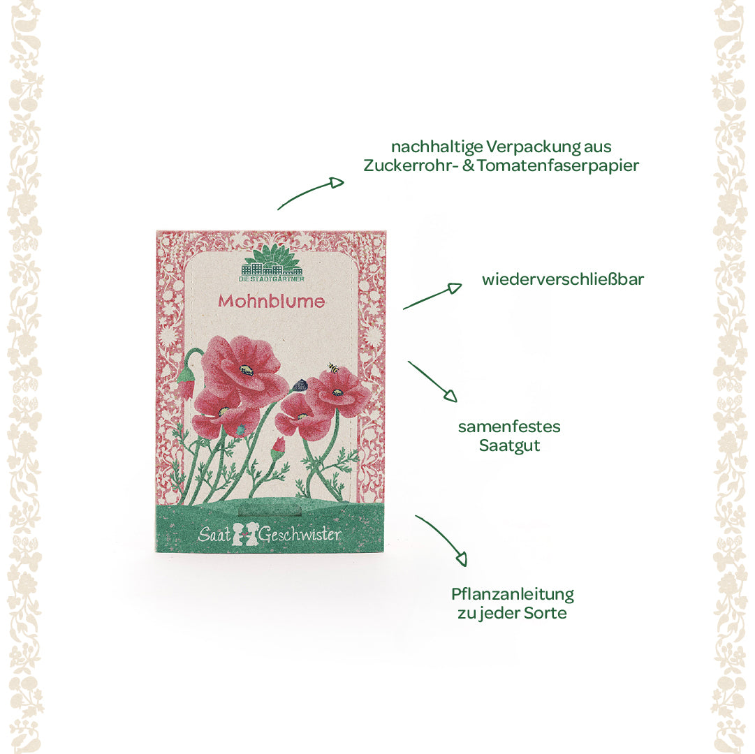 Sachet de graines de pavot avec coquelicots rouges illustrés, emballage durable, graines refermables à pollinisation libre et instructions de plantation, entouré d'une bordure florale.