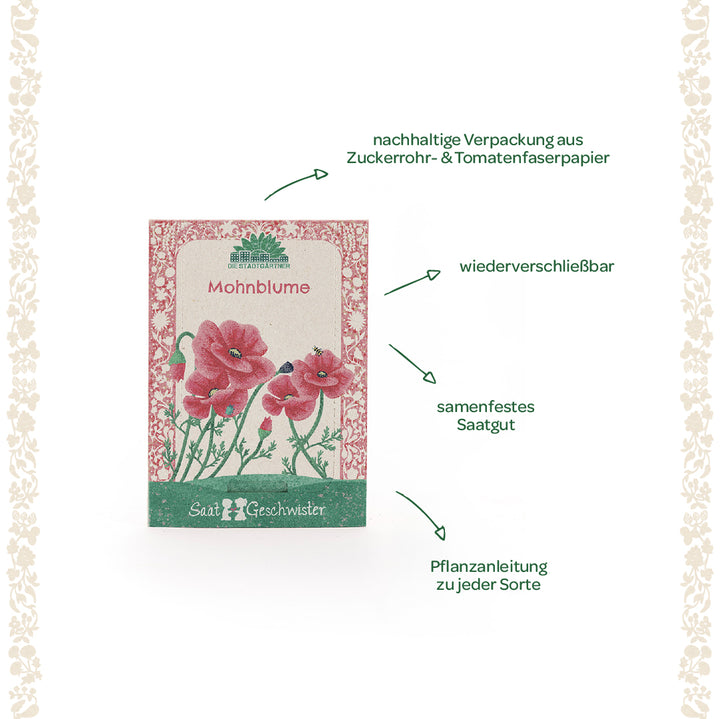 Sachet de graines de pavot avec coquelicots rouges illustrés, emballage durable, graines refermables à pollinisation libre et instructions de plantation, entouré d'une bordure florale.