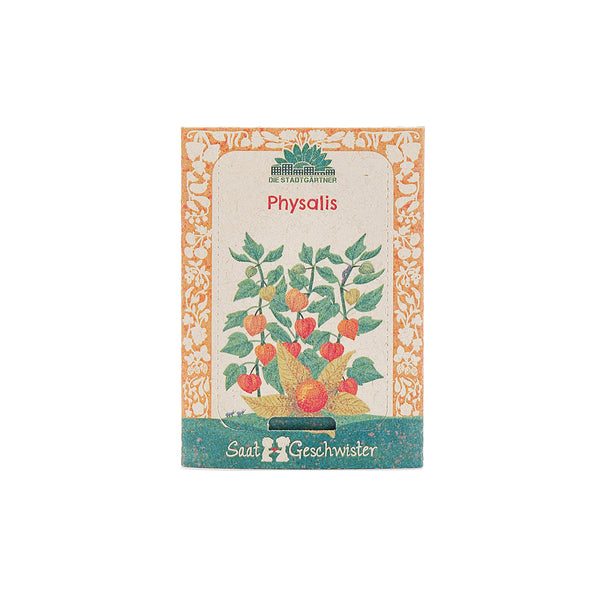 Sachet de graines pour Physalis avec illustration colorée de la plante et bordure de fleurs orange.