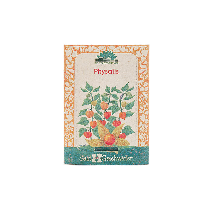 Sachet de graines pour Physalis avec illustration colorée de la plante et bordure de fleurs orange.
