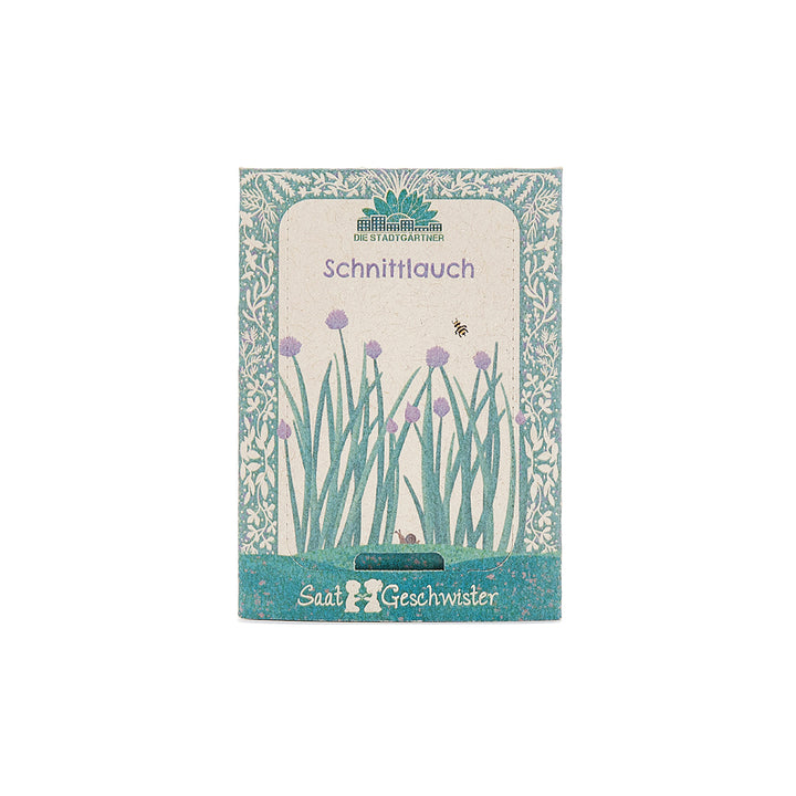 Sachet de graines de ciboulette de « Saat Geschwister », joliment illustré de ciboulette en fleurs et d'une petite abeille.