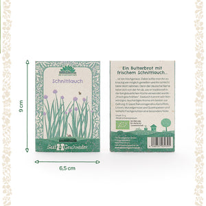 Deux sachets de graines de ciboulette verte à décor floral, dimensions 9 x 6,5 cm, recto avec illustration et abeille, verso avec description en allemand.